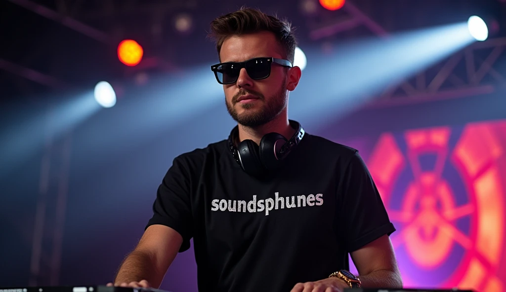 A man DJ wearing sunglasses and a black T-shirt that reads SoundSphereTunes, looks straight ahead