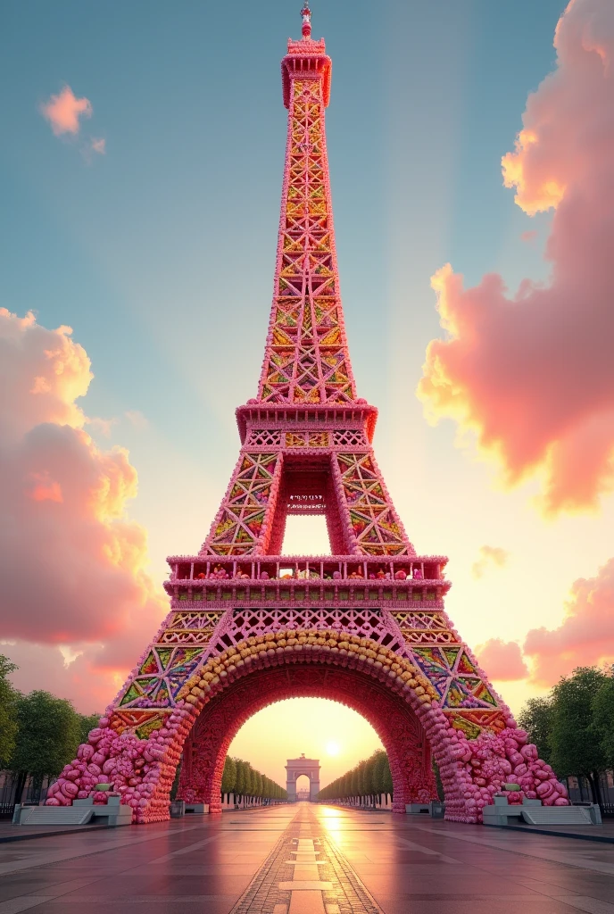 The Eiffel Tower in Paris is made entirely of colorful French highly detailed round macaroons with cream. The macarons of the tower must look real, edible, and colorful. not a model but a full-size structure. Emphasize the texture and detail of each macaron. the Eiffel Tower is against an authentic Parisian backdrop at sunset with dreamy clouds, vibrant colors, and a photorealistic, high-resolution, architectural masterpiece.