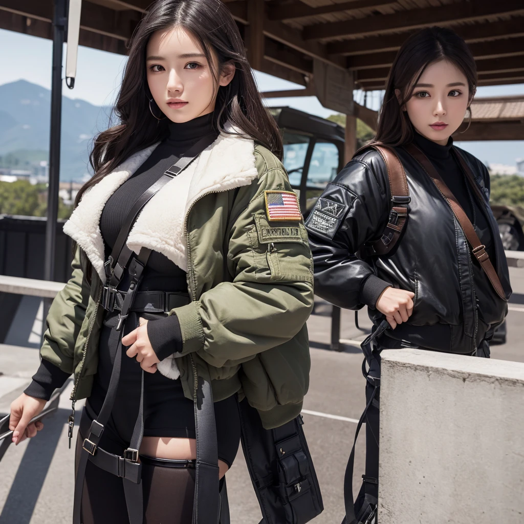 Highest quality，masterpiece，Ultra-high resolution, Very detailed, 8k，(Beautiful woman)，Beautiful Japanese Women:1.5，Black Hair、 (Flight jacket, Military Harness, Plump, Slightly thicker)