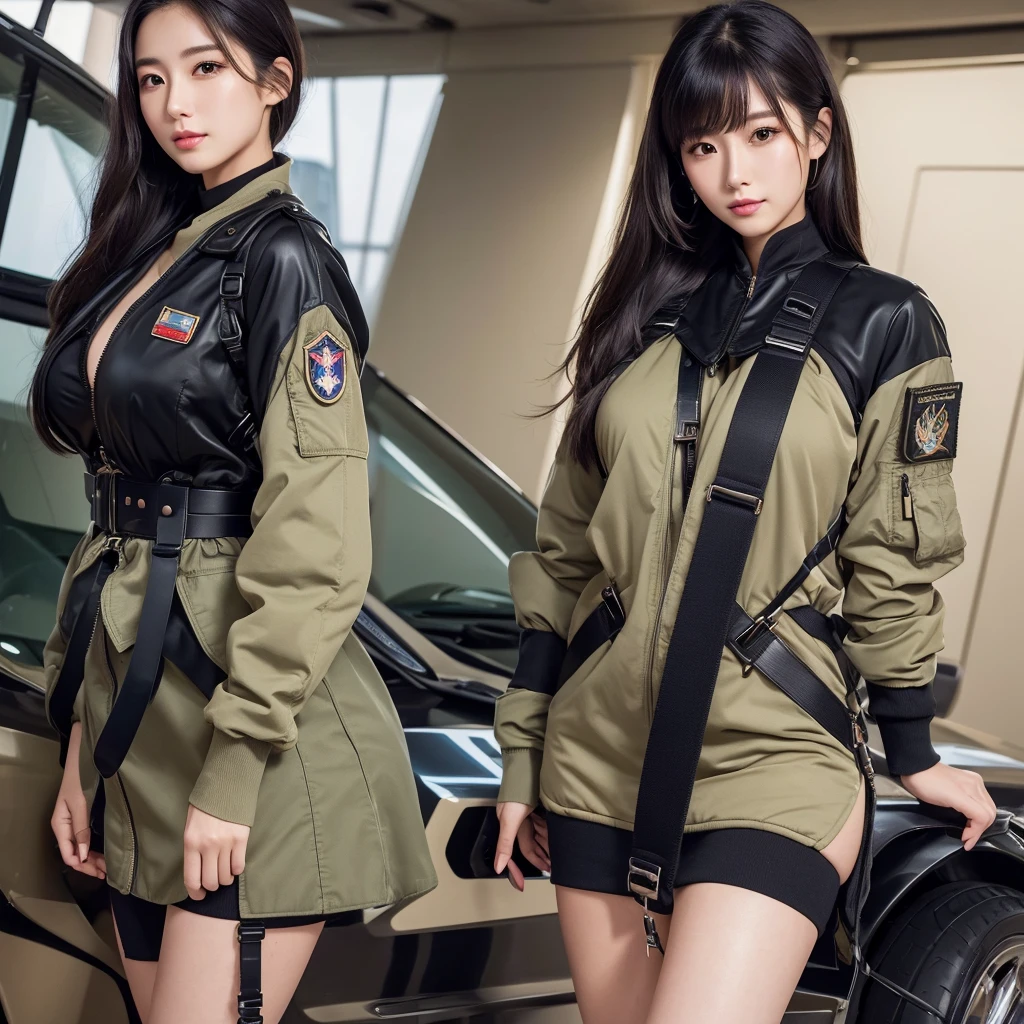 Highest quality,masterpiece,Ultra-high resolution, Very detailed, 8k,(Beautiful woman),Beautiful Japanese Women:1.5,Black Hair、 (Flight jacket, Military Harness, Plump, Slightly thicker)