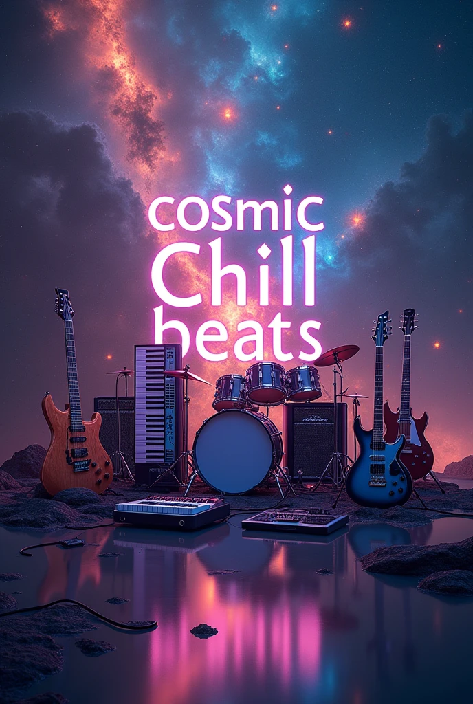"Create a visually striking image featuring a variety of musical instruments, such as guitars, keyboards, and drums, set against a cosmic background. Incorporate elements of space, like stars and nebulae, to evoke a chill, atmospheric vibe. Prominently display the text 'Cosmic_Chill_Beats' in a futuristic, elegant font that complements the celestial theme."