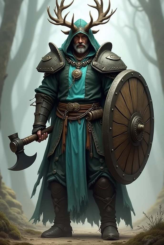 Create me a character for Dungeons and Dragons, a person in the role of a shaman. The character is 30 years, large, with a coat and a hood with deer antlers on the hood. No beard and a young face. In his hand an axe. Als Rüstung trägt er largee Schulter Platten aus Schwarzem Holz. Dazu ein largeer Schild in der linken Hand. With a dark green leather armor. On the chest a light blue stripe 