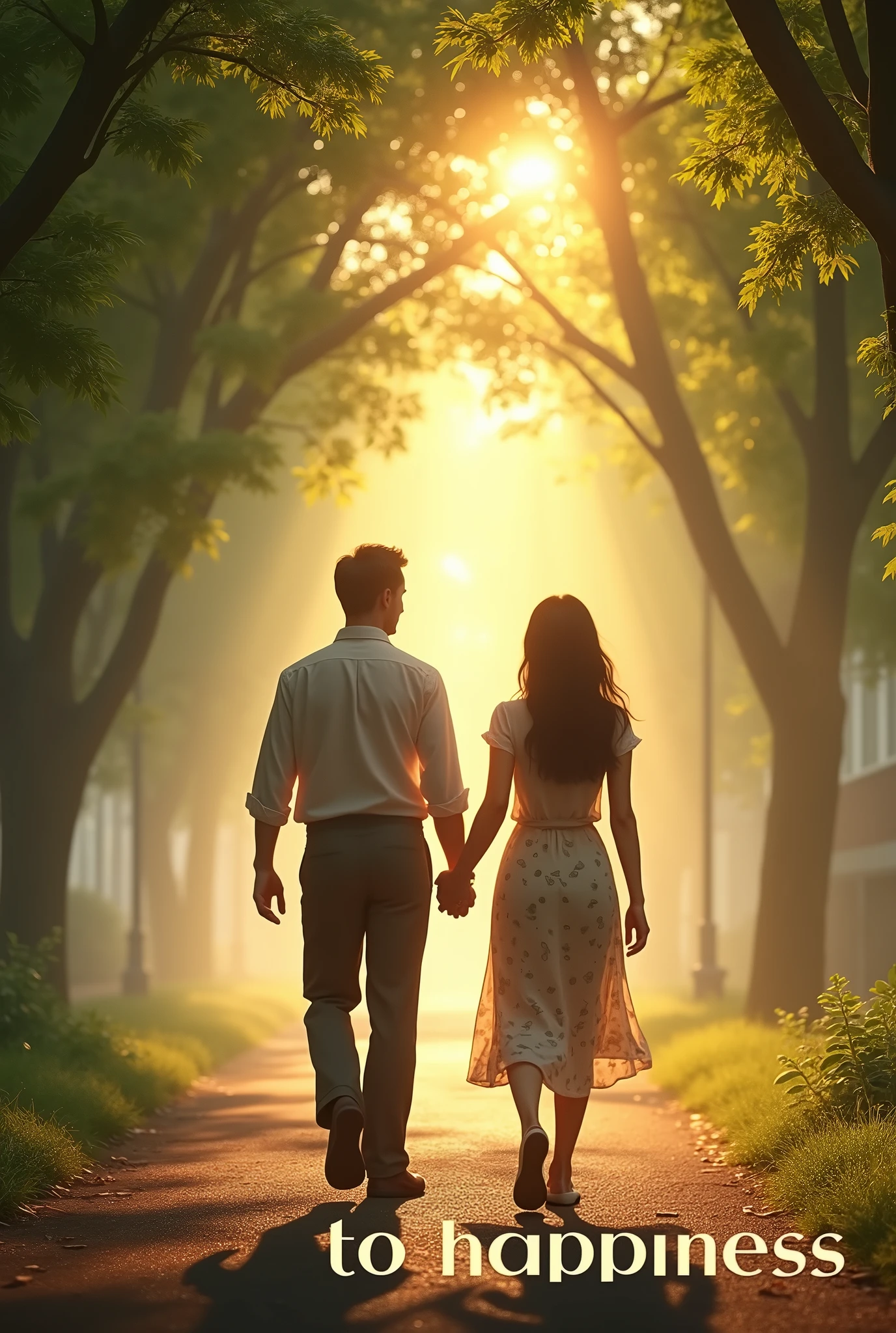 The words "TO HAPPINESS" written in large letters at the bottom of the screen, ((masterpiece, highest quality, Highest image quality, High resolution, photorealistic, Raw photo, 8K)), ((Extremely detailed CG unified 8k wallpaper)), The back view of a man and woman walking hand in hand, on a tree-lined street with sunlight filtering through the trees, the last scene of a romantic movie, green leaves and white light, a walkway in the morning mist,