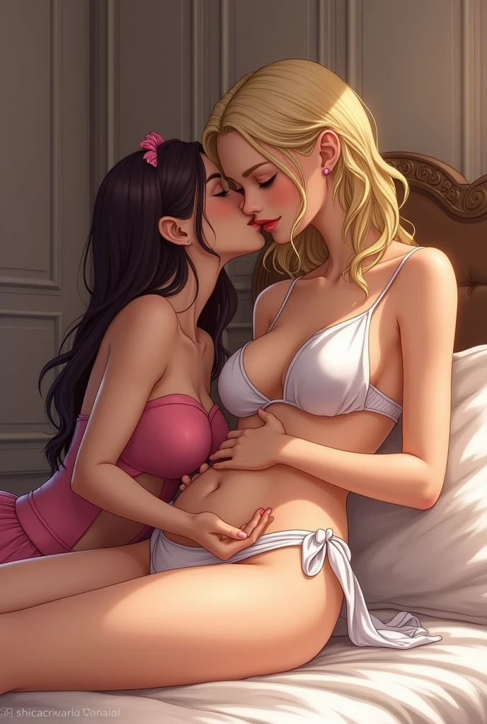 Make a picture of a princess who meets her female friend and then the female friend licks the princess' vagina on the bed.