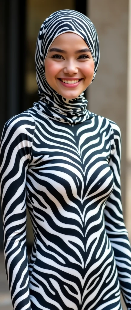 The beautiful asian muslumah adult girl with beautiful cheeks wears plains zebra print lycra turtleneck unitard catsuit covered with spots-like stripes and plains zebra print print lycra elastane stretchy dancewear 100% stretchy hijab covered with stripes.She is happy.She always put fake zebra stripes that are made of white and black makeup pen.
