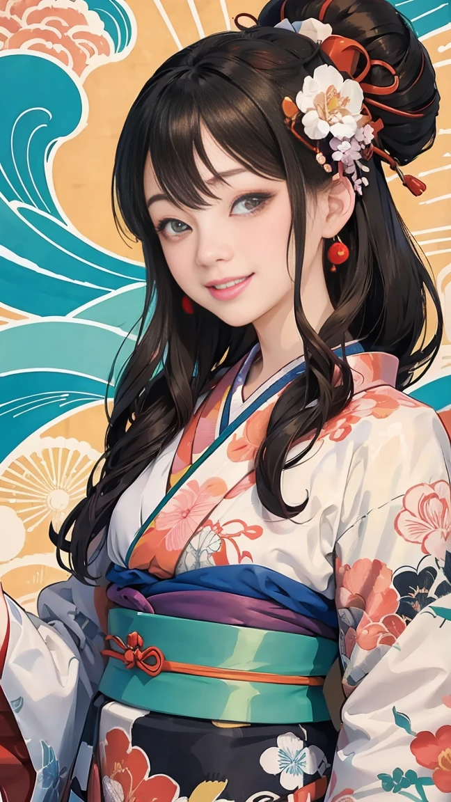 (SeaArt creates stunning illustrations of beautiful women in kimono)、Vividly colored Japanese Ukiyo-e style illustrations、A beautiful woman smiles and shows her upper white teeth、Brown-black long hair、Beautiful full body style、Let's dance a little Tokyo Ondo Yoiyoi、Beautiful new digital paintings,、Bright vibrant digital anime art、 Detailed digital anime art、 Beautiful anime portraits、background、Torii gate of the Japan shrine、Detailed CG、