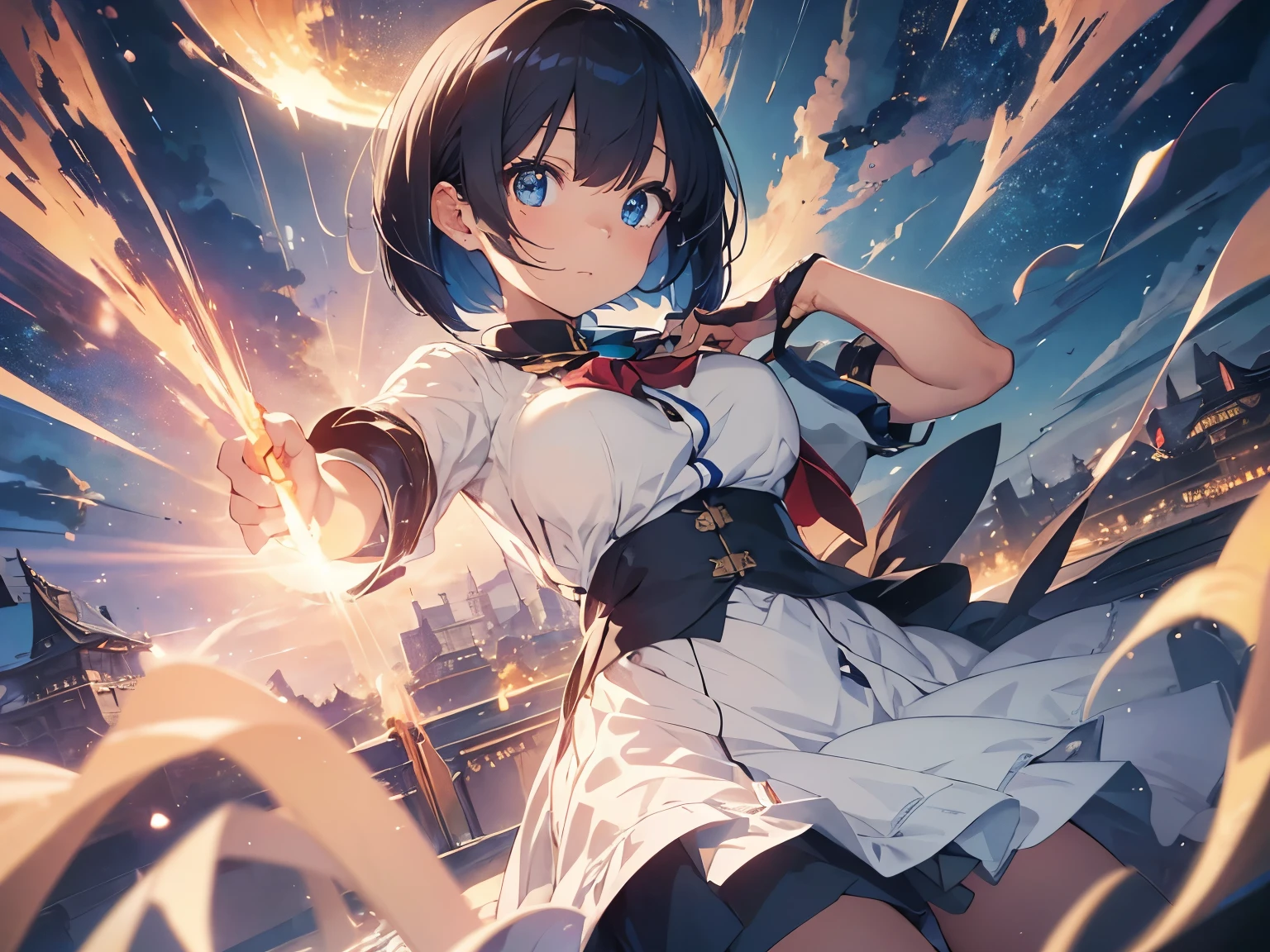 NSFW, masterpiece, Best quality, Ultra high definition, Maximum resolution, Very detailed, Professional lighting, anime, single girl, slender, very cute, 1girl, , samurai sword, ((very short bobcut hair)) jetblack hair, ((flat hair)) (((White footwear))) high socks, suspenser tigths, straps,  Iigthparticles, wind, looking at viewer, ((blue dark school sailor costume)) (((red ribbon))), thin body, monsters in background, orange neon backlighting, whole body, pose, (((nigth market))) ((simple background))) ((((cool angle)))) (((deep blue and orange palette)))