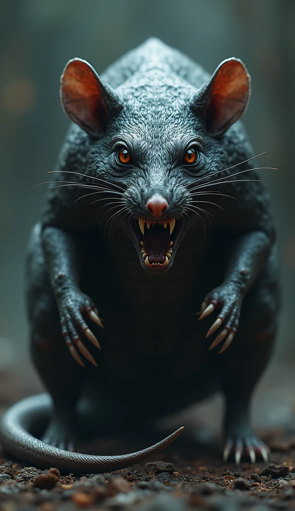 "Create a dark and menacing image of a hybrid creature combining a snake and a rat. This dangerous-looking beast should have the sleek, slithering body of a snake with scales and the aggressive, sharp features of a rat. It should have a long, serpentine tail and the rat's claws and teeth, giving it a threatening appearance. The creature’s eyes should be intense and piercing. Set the scene in a shadowy, ominous environment to enhance its sinister aura."