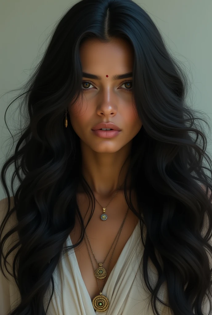 long hair woman, black wavy , of hindu beauty