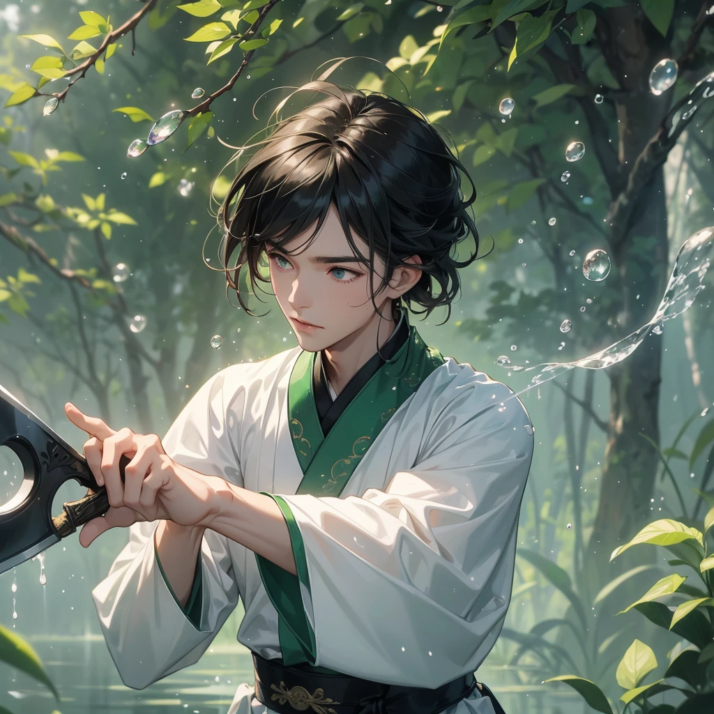 A Handsome black-hair male holding a large sword in white hanfu dress, Background is trees, vegetables, lush green, with water drops after rain, with water droplets everywhere, green, close up.