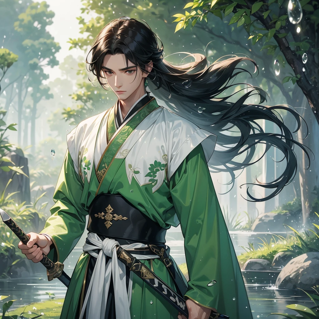 A Handsome black-hair male holding a large sword in white hanfu dress, Background is trees, vegetables, lush green, with water drops after rain, with water droplets everywhere, green, close up.