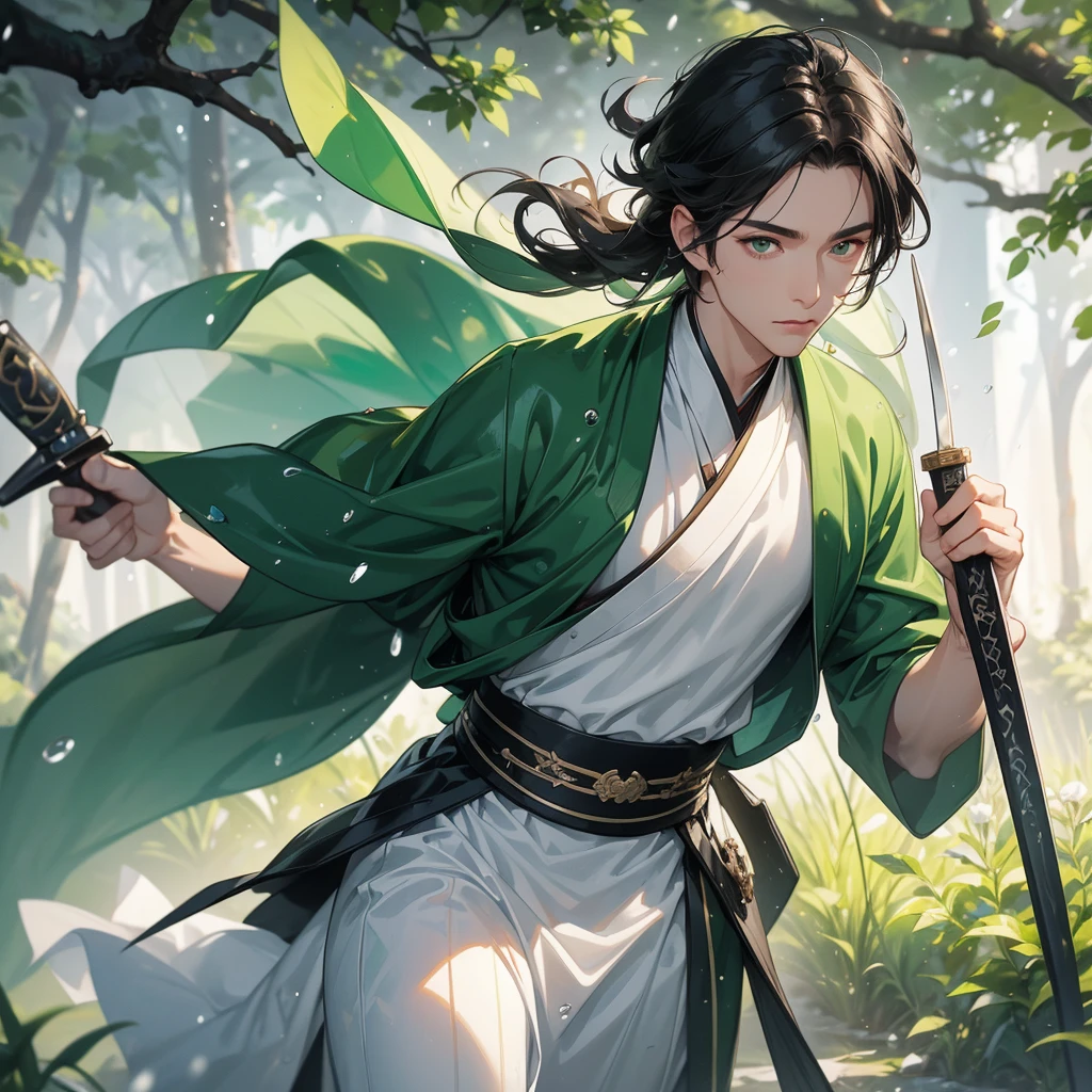 A Handsome black-hair male holding a large sword in white hanfu dress, Background is trees, vegetables, lush green, with water drops after rain, with water droplets everywhere, green, close up.