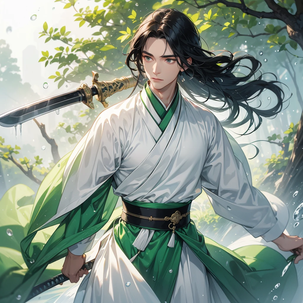 A Handsome black-hair male holding a large sword in white hanfu dress, Background is trees, vegetables, lush green, with water drops after rain, with water droplets everywhere, green, close up.