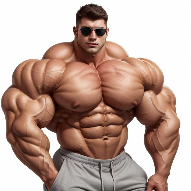 brutalmass, hyper pecs, 1man, large muscles, bodybuilder, a very handsome young man, shirtless, sunglasses, exaggeratedly muscular, exaggeratedly huge arms and biceps,, on a white background