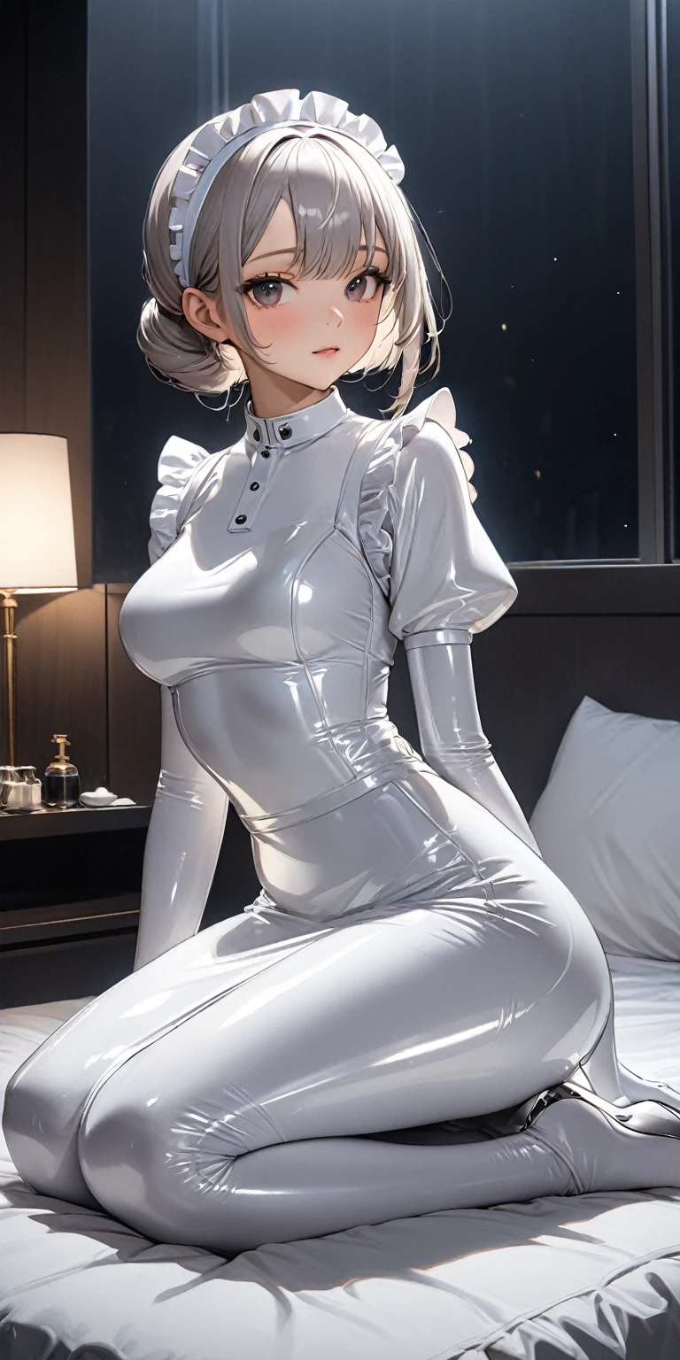 Full-body photo、Front facing pose、(masterpiece,Highest quality,Ultra-high resolution),Japanese women, Maid Headband、(((A very beautiful 2))),(White latex maid outfit)、(Long sleeve)、(((White latex long skirt)))、White latex long gloves、White latex tights、Latex is very shiny、Tight white latex bodysuit、Dark room at night、Sitting on the bed