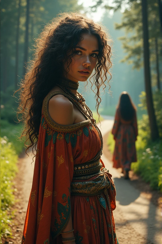 Gypsy with tourist and forest road in the background