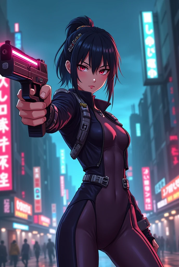 biker girl, neon sportive motorcycle, ultra detailed face, glowing lips, sleeveless , ultra detailed lips, Leather one-piece garment, Short messy hair, yellow glowing eyes, Dark colors, fingerless gloves, Cyberpunk, Neon lights, cleavage, Red hair, Sexy, tightsuit, Night, the city street, mitts, rain, aiming a pistol, 