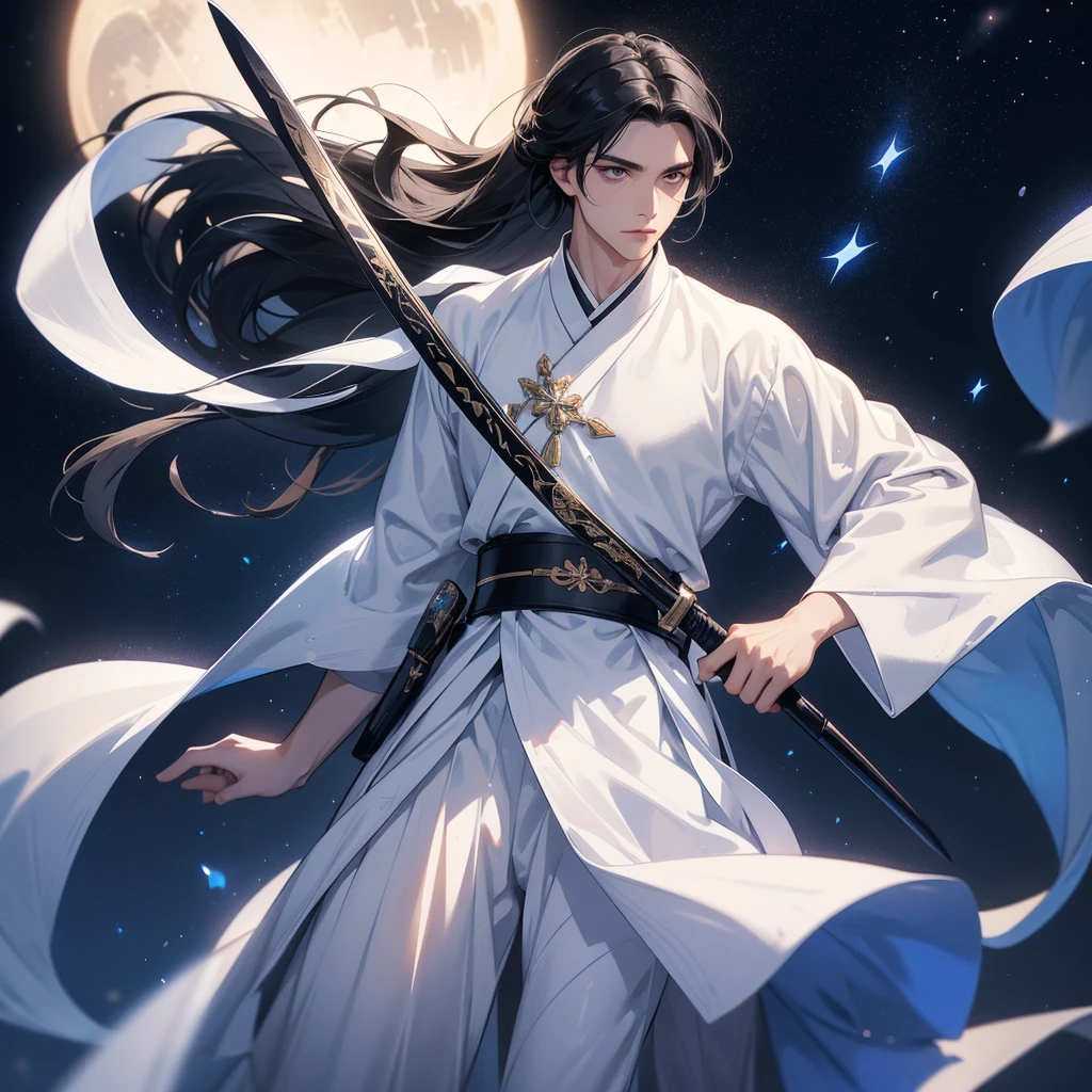 A Handsome black-hair male holding a large sword in white hanfu dress, Background is a dark night, with moonlight and millions of stars, twinkling everywhere, with blue light, close up.
