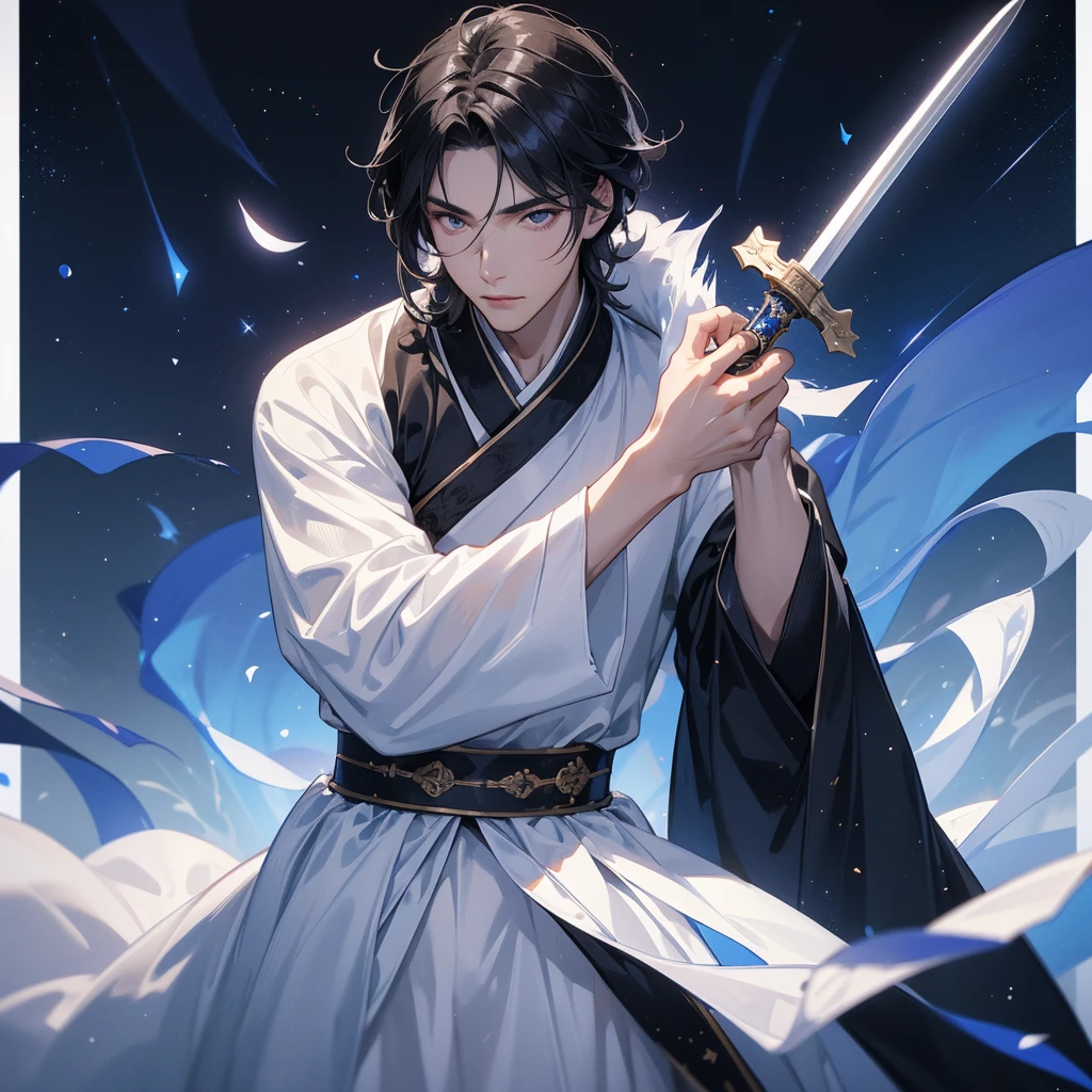 A Handsome black-hair male holding a large sword in white hanfu dress, Background is a dark night, with moonlight and millions of stars, twinkling everywhere, with blue light, close up.