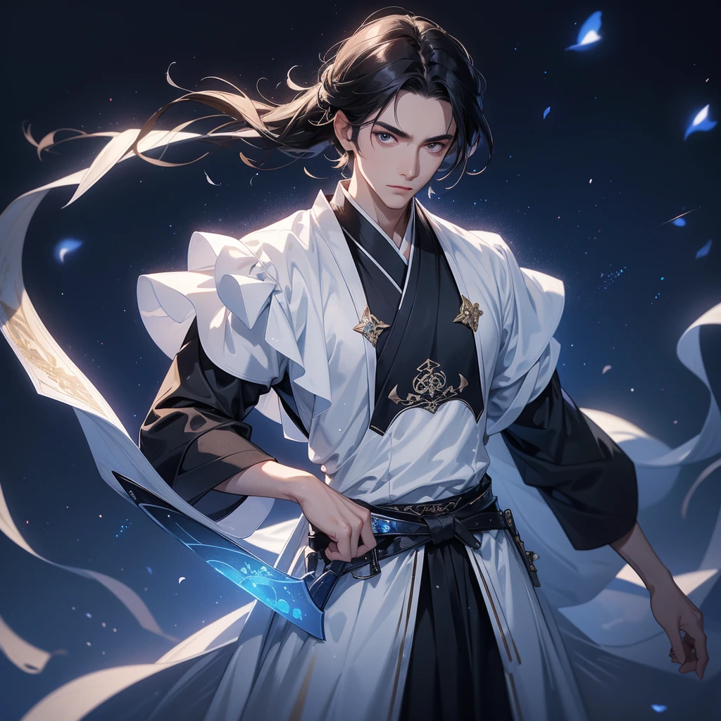 A Handsome black-hair male holding a large sword in white hanfu dress, Background is a dark night, with moonlight and millions of stars, twinkling everywhere, with blue light, close up.