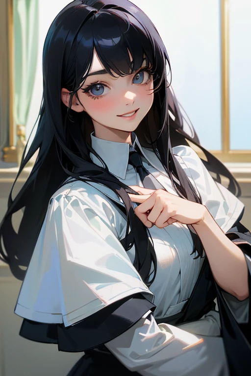 (Highest Resolution, clear_image) Highest quality, single, One woman, alone, masterpiece, Very detailed, Semi-realistic, Black Hairのショートヘア, Black Hair, bangs, 1, mature, Light blue , Indoor Background, kind, Authoritative, Powerful, exquisite features, exquisite features、Eyelashes become longer、Showing teeth、smile😀、Maid clothes、woman'Fingers in the、Sleeping on the sofa、Long Hair、Fluttering in the wind、((Change of clothes)).