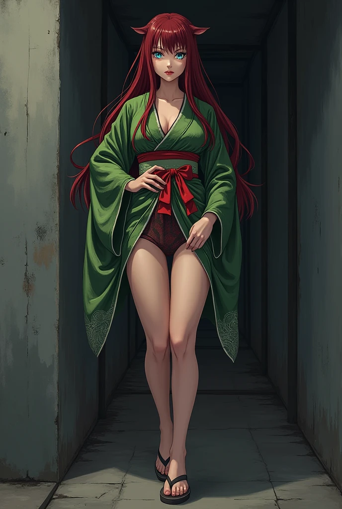 The image is anime style with shadows and dim lights, anime style although somewhat adult and dark, It shows a 40-year-old adult woman with blue eyes and wearing a beautiful oversized green and red yukata.; He also wears sandals. She has very long and loose hair., dark red, with a face that shows malice, Has strong and robust thighs. The background of the image is a grey wall