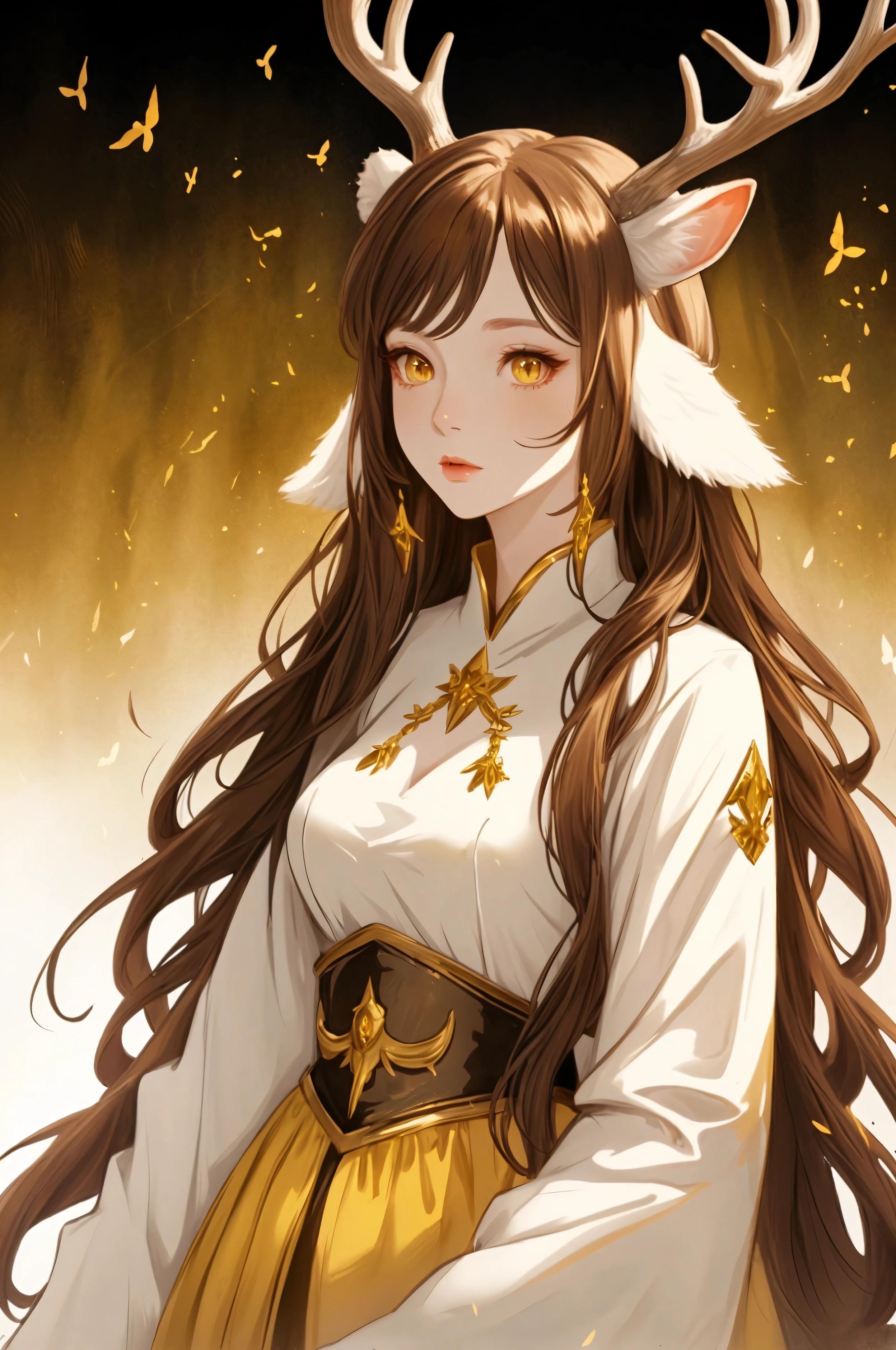 Mature woman, solo female, deer ears, deer girl, deer horns, brown hair, long hair, yellow eyes, pale skin, fantasy clothing, top quality, ultra definition, Illustration, high resolution, fantasy background