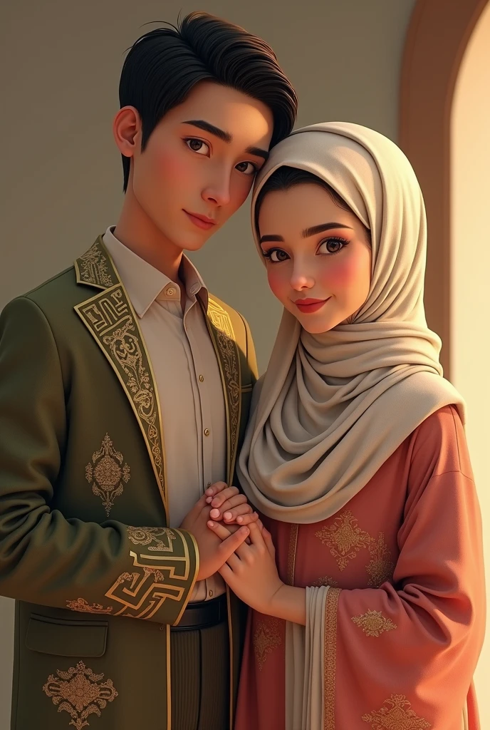 make a ai picture about this prompt "a Muslim couple standing. And write their name on their dress , name of their are 'Samrat' 'Nasrin'
