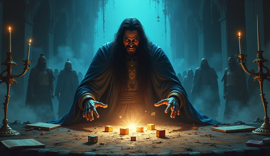 Shakuni’s Masterplan Revealed: In a dimly lit, tension-filled room, Shakuni stands behind a large table, his shadow looming large and menacing over the surface. The bone dice are prominently displayed in his hand, glowing faintly with an eerie light, symbolizing the culmination of his long-held revenge. His face is twisted in a sinister smile, eyes glinting with satisfaction as he watches the downfall of the Kuru dynasty unfold.
On the table, symbolic representations of the Kuru dynasty—crowns, swords, and scrolls—are scattered, slowly crumbling into dust, foreshadowing the destruction to come. In the background, ghostly outlines of the Pandavas and Kauravas can be seen clashing, hinting at the imminent war of Kurukshetra.
The scene should be filled with intense shadows, highlighting the darkness of Shakuni’s intentions and the catastrophic consequences of the game. The overall composition should evoke a sense of doom, with Shakuni at the center of it all, orchestrating the chaos with cold, calculated precision.
In comic style
