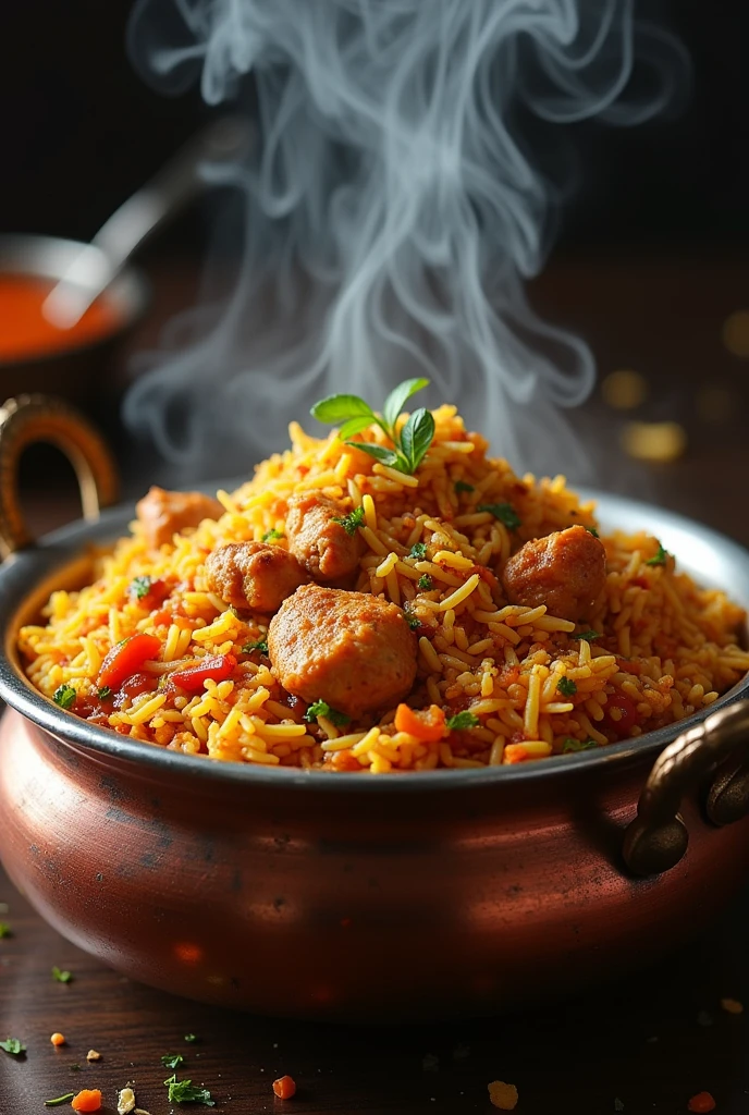 realistic HD image of a hot chicken biryani in a pot and a smoke coming out of it. biryani should be piled in pot and Chicken coming out of it