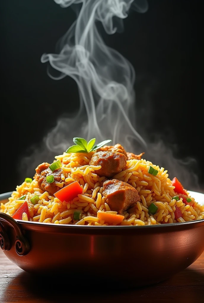 realistic HD image of a hot chicken biryani in a pot and a smoke coming out of it. biryani should be piled in pot and Chicken coming out of it