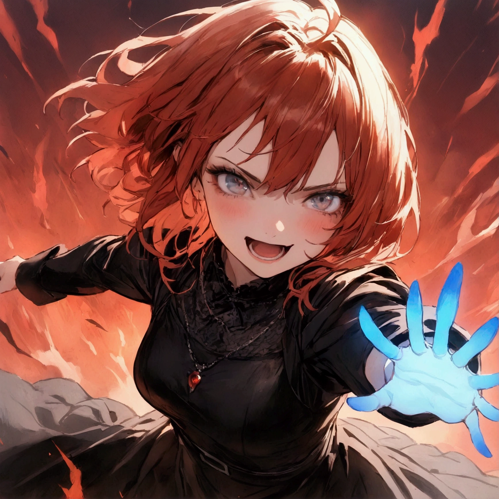 aesthetic background, best quality, perfect quality, cute face, girl fighting, beautiful background scenery of red sky behind her, red messy hair, white eyes, she’s serious, black tight shirt, black pants, black coat, blue fire powers