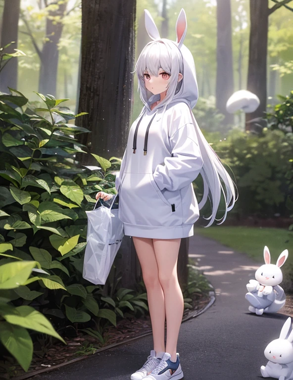 1 female,White Bunny Hoodie,Het Fong,Black and white sneakers,Are standing,whole