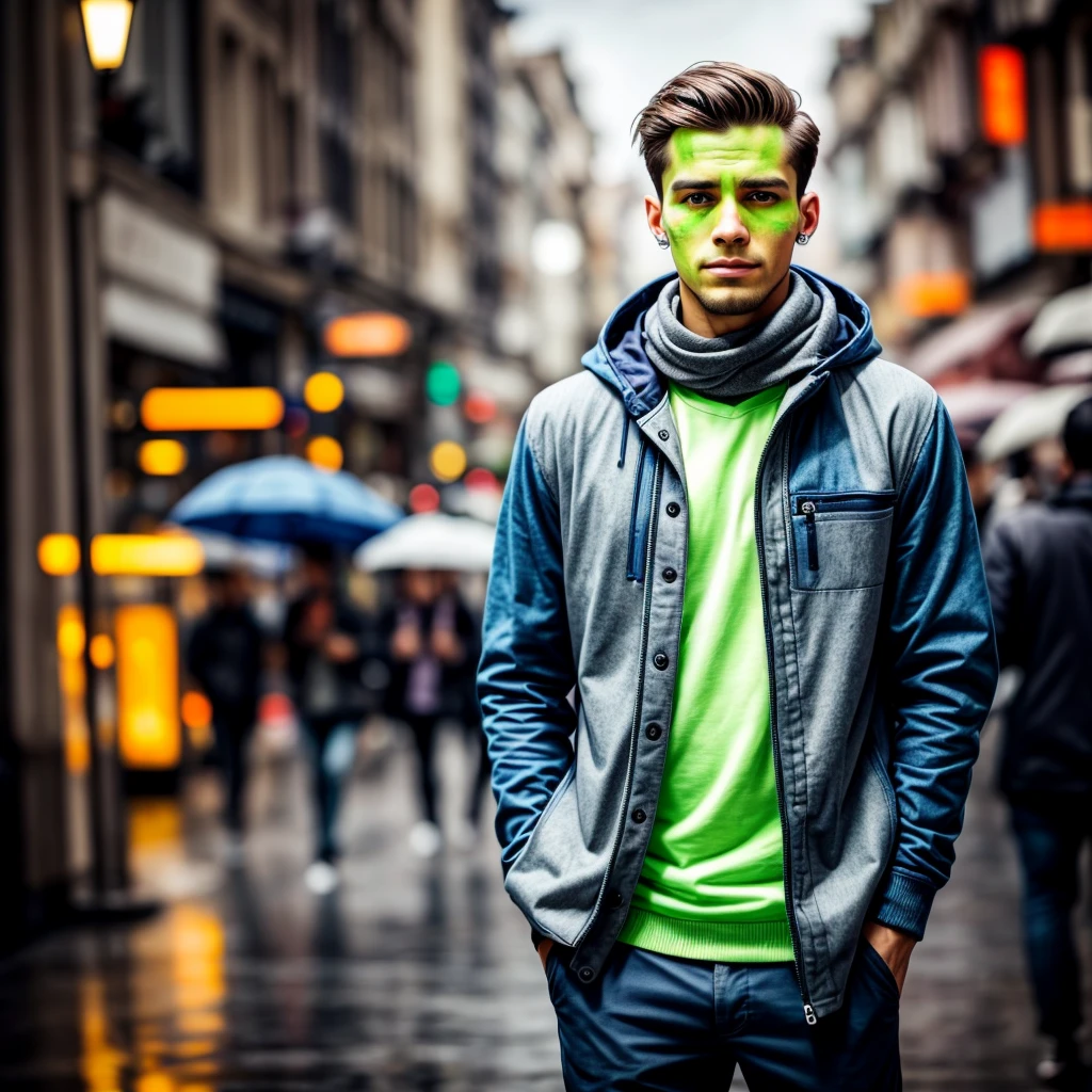 photo of a young man, jacket, studded ears, grey scarf, Sweater, short light brown hair swept by the wind, fit, Handsome, (effeminate), (shaved), eyeliner, standing on the catwalk, the background is a crowded street, bokeh, rain, humid, cloudy, artificial lights, detailed face and eyes, highly detailed skin, 8K UHD, sharp focus, professional, better quality