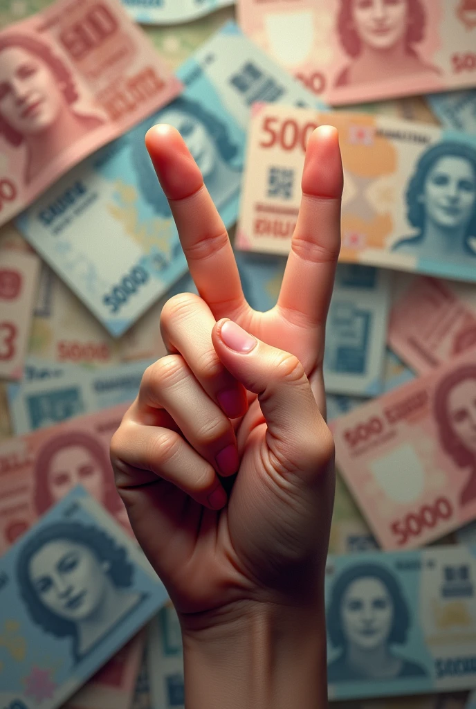 Hold up 2 fingers and put in a lot of Thai banknotes. I want it to be realistic.