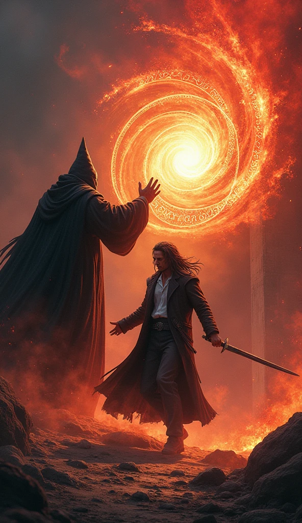 In a dark, foreboding environment, the dark sorcerer stands with an air of menace, his dark robes swirling ominously. His hands are raised, casting a powerful and intricate spell that crackles with intense, glowing energy. Magical runes, etched in deep crimson, swirl around him as he channels his dark power. The air is thick with tension as the sorcerer’s spell hurtles towards Vortex.

Vortex, clad in his long black coat and white shirt, stands defiant but clearly overwhelmed. His long black hair is disheveled, and his face is contorted in pain and concentration. The dark energy of the spell crashes into him, enveloping him in a swirling vortex of light and shadow. The intense glow from the spell illuminates the scene, casting dramatic contrasts across Vortex’s suffering form.

The impact of the spell causes Vortex to stagger, his dark sword slipping from his grasp. His coat flutters wildly, and the surrounding area is shrouded in oppressive darkness, pierced only by the fierce light of the sorcerer’s magic. The ground around him is scorched, and the air is charged with the raw force of the spell.