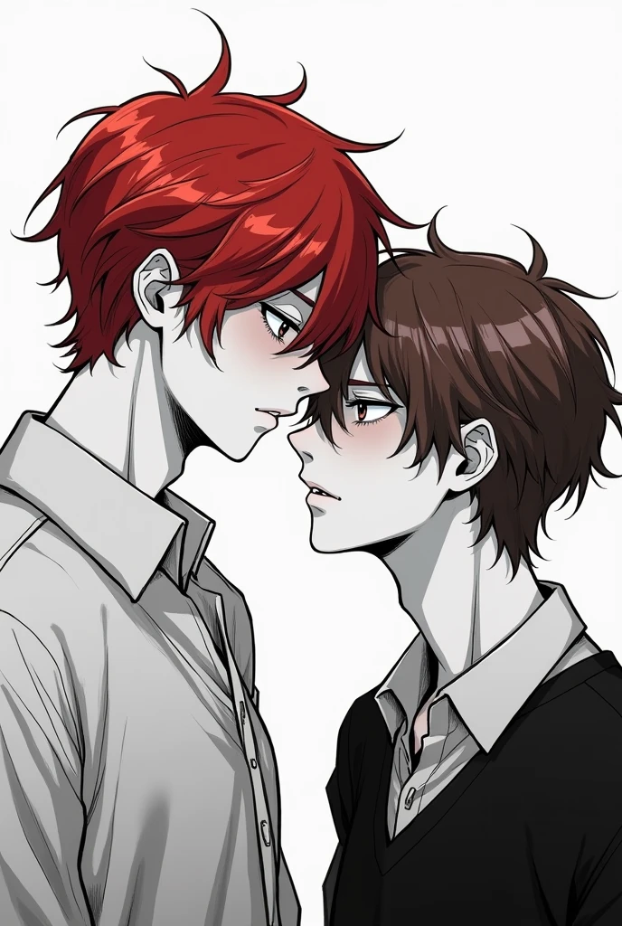 Create a black and white manga cover featuring two men, The redhead is leaning on his friend's chest, and the chestnut looks at him, They both have 16, One is redhead and the other is brown-haired, pale skin, anime style