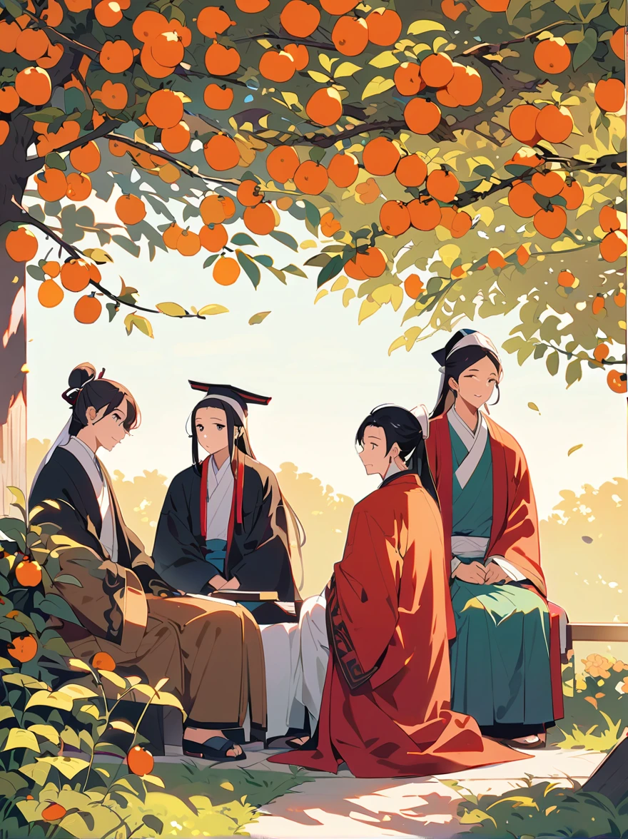 A group of scholars chatting under the persimmon tree, Jiangnan countryside, Ancient Chinese Scholars&#39;Book Illustrations, Feng Zikai style, Minimalism, Line Art, ink and,White background