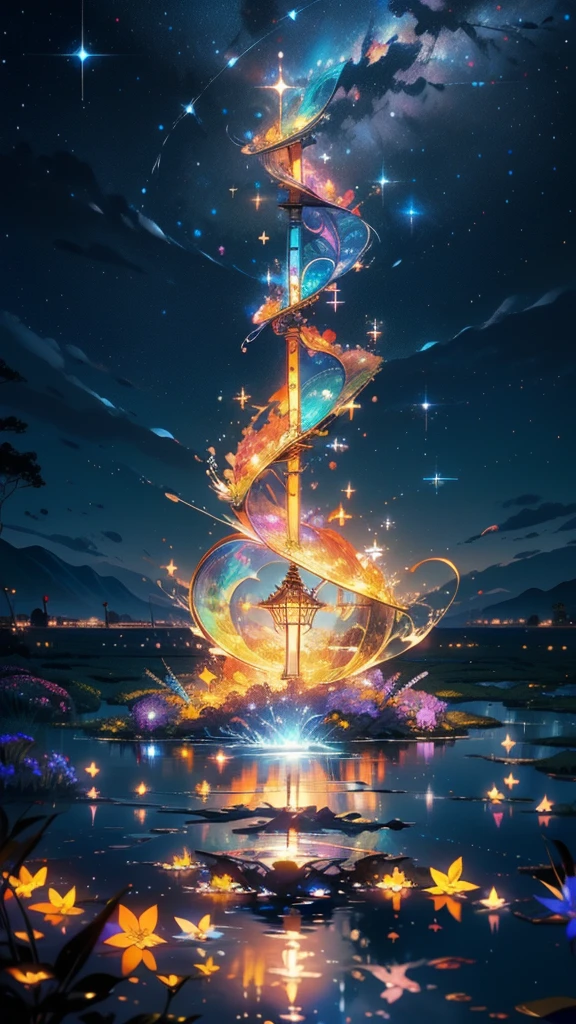 master part, gorgeous, Landscape, (((DDIM_HumaDDIMs))), Noite, flor, Jardim, Starry sky, constellations, atordoante, vista, water, quente, aconchegante, peaceful, Meteoro, cosmico, Magic, magia, particuls, Justo, ((Pirilampos))