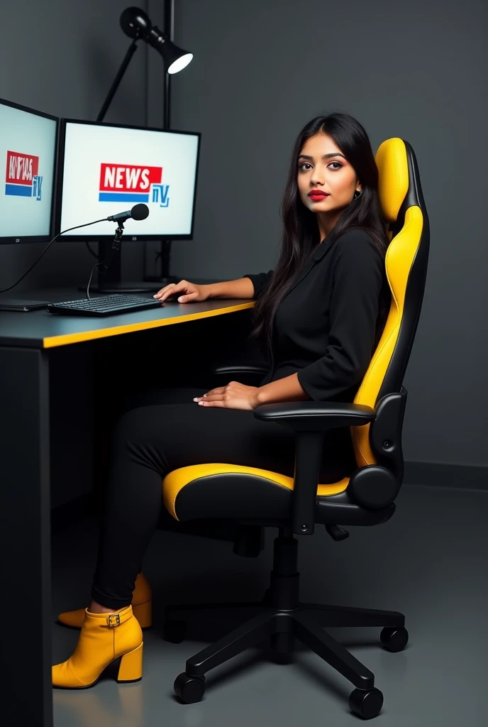 "a twenty years old beautiful indiani girls, sits on a black gaming chair with yellow accent wearing modern black outfit with color matching shoes .behind him is a desk with computer monitor displaying the "USA NEWS TV" in large bold letters. the room has a modern design with grey wall and floor.theres a mic stand with mic setup adjusted near the face of girls".