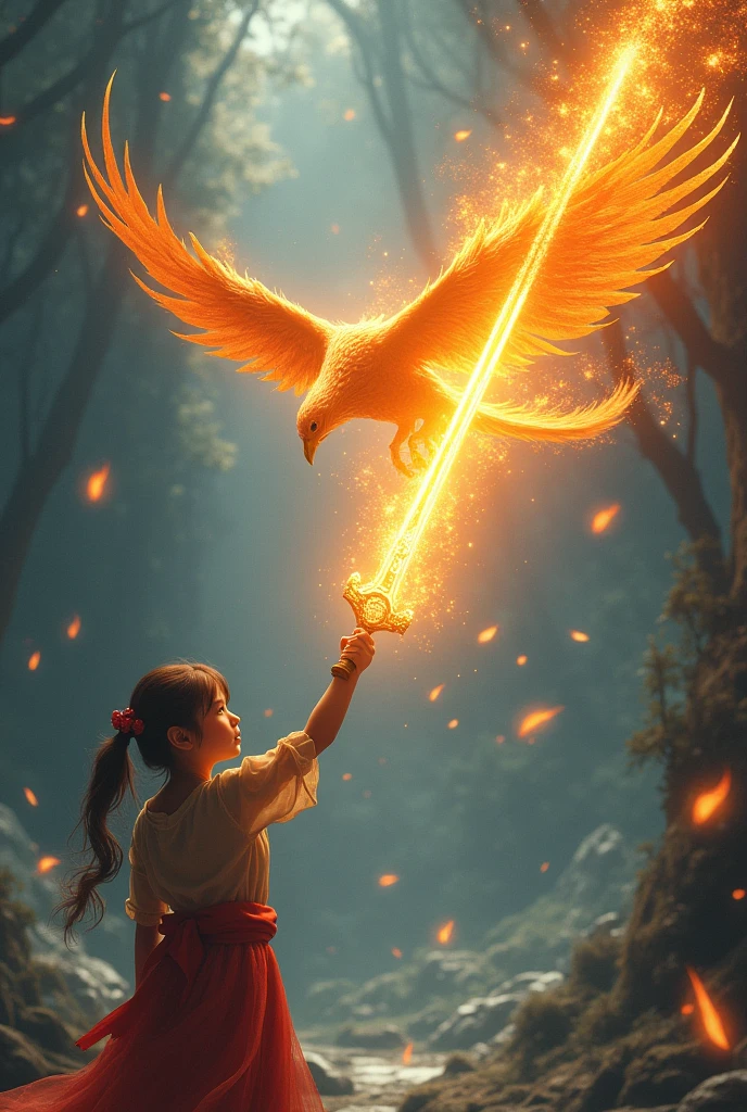 a hand of a girl holding a sword upwards representing a phoenix bird
