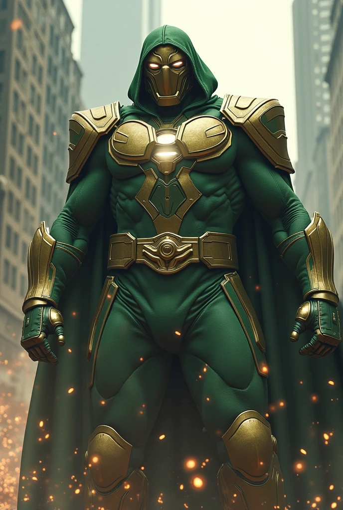 RDJ in outfit of dr doom fighting with hulk