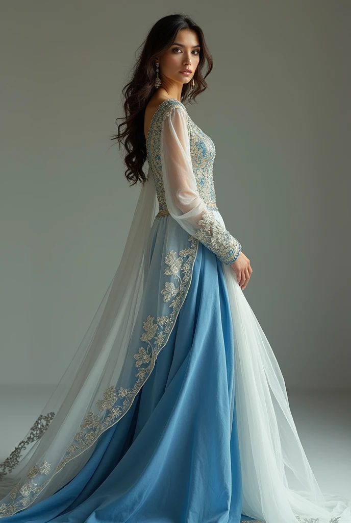There is a beautiful glamorous afganistan women standing, she is so much beautiful, She wear a beautiful blue and white dress, 