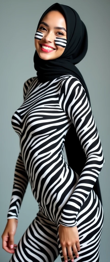 The beautiful and thin asian muslumah adult girl with beautiful cheeks wears plains zebra print lycra turtleneck unitard catsuit covered with spots-like stripes and plains zebra print print lycra elastane stretchy dancewear 100% stretchy hijab covered with stripes.She is happy.She always put fake zebra stripes that are made of white and black makeup pen.