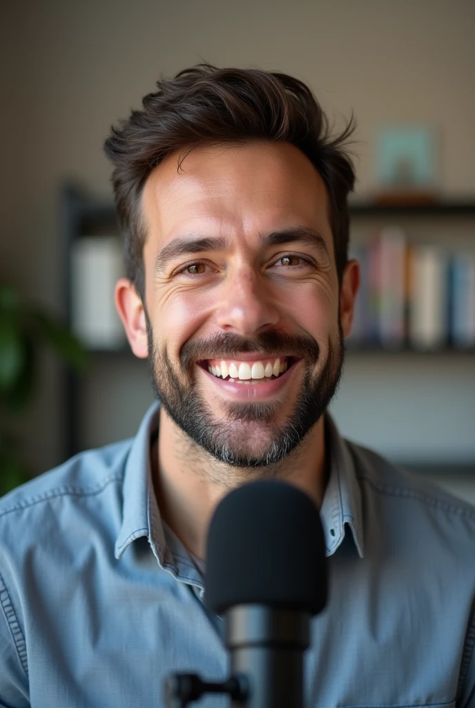 Make a picture on which a man is talking on his YouTube channel and his face is exactly towards the camera. and have a mic in front of him