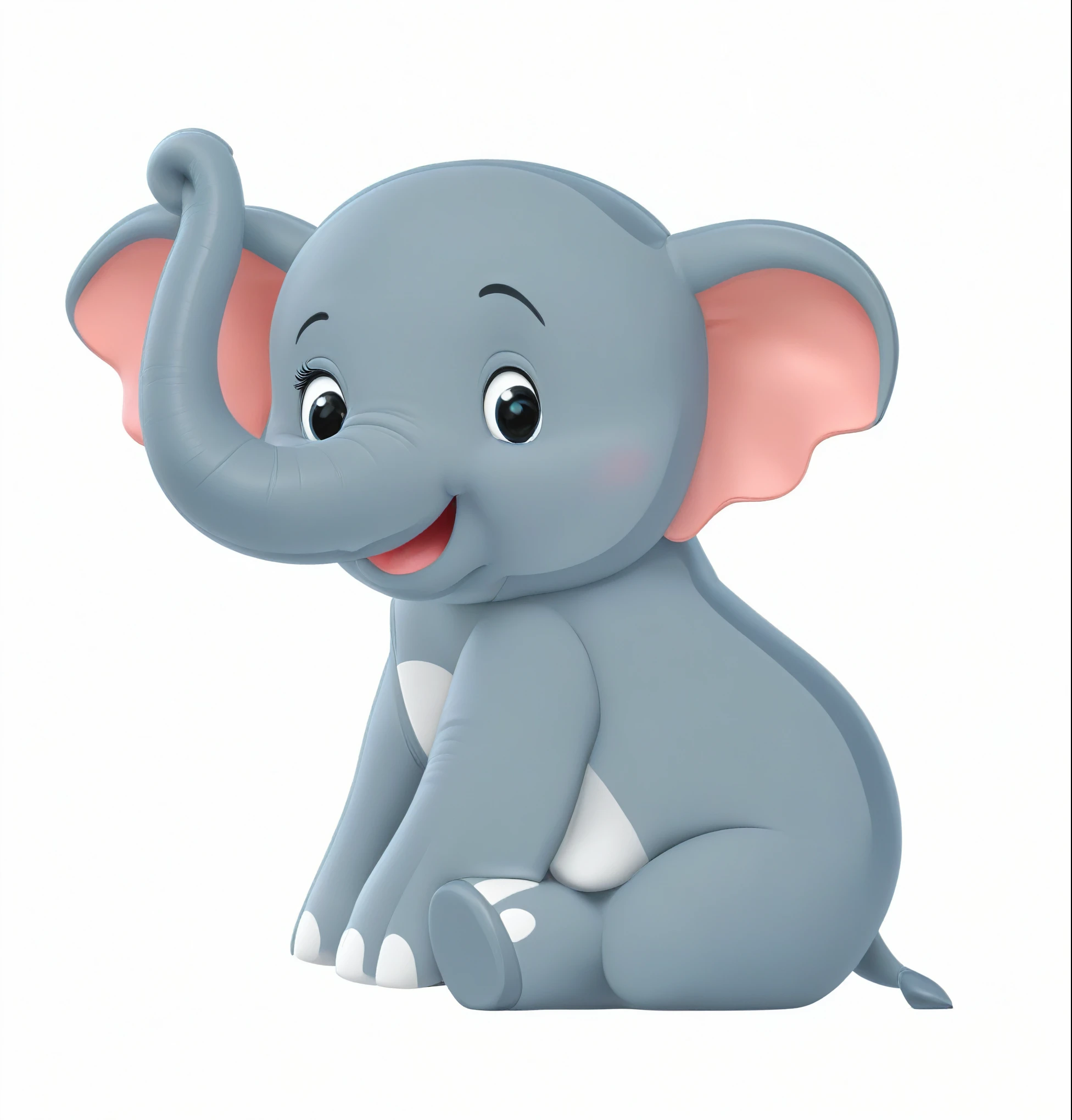 3D render of a cute cartoon elephant sitting on a White background, Disney character design style, Simple vector illustration, A cute and happy little elephant with big eyes, Light grey body color, Pink ears and nose, Open your mouth slightly to show your teeth, Simple smooth shadows, White background, Cute cartoon design, high resolution, high quality, High Detail, Clear focus, realism, Pixar animation style, Smooth details, full image, Natural Lighting, Perfect composition, Wide-angle shooting.