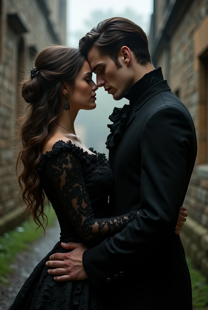 A Victorian couple, elegant, dark, Vampir, Hold each other tight, dark aesthetic, Vampire aesthetics, book cover aesthetic, Kings close, book, 1721, 1700, Vampir, dark, book cover, book aesthetic, love, in love, look at each other. dark romance, dark romance
Woman: Long hair, Curly, Brown hair, not much volume, English, brown-black dress, elegant, 23, 5'5 inch, dark romance
Mann: black hair, shorth hair, black colored clothes, adel, 24, Male characteristics, sharp jawline, green eyes, Welsh, 6'0 inches, enemies to lovers