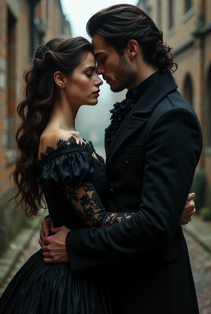 A Victorian couple, elegant, dark, Vampir, Hold each other tight, dark aesthetic, Vampire aesthetics, book cover aesthetic, Kings close, book, 1721, 1700, Vampir, dark, book cover, book aesthetic, love, in love, look at each other. dark romance, dark romance
Woman: Long hair, Curly, Brown hair, not much volume, English, brown-black dress, elegant, 23, 5'5 inch, dark romance
Mann: black hair, shorth hair, black colored clothes, adel, 24, Male characteristics, sharp jawline, green eyes, Welsh, 6'0 inches, enemies to lovers