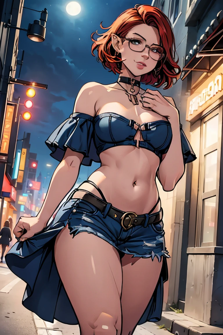 1girl, beautiful elf woman, ((Short Red Hair, Straight, has shine)) Blue eyes, double eyelids, light effect on eyes, detailed irises, beautiful curvy body, glasses, ((Blue Denim off the shoulder Sleeveless Strapless dress covering chest)), black choker, ((tiny blue denim mini skirt)), black high heels, ((Work of art, hyper-realistic, hyper detailed, Best Quality, 16k, light and shadow on skin, vivid colors)), ((Walking down the city street at night: 1.5)), ((Hands behind head: 1.5, Hand resting on stomach: 1.5)) Lustful Expression, perfect lips, sexy mature face, lots of freckles all over body, full pouty lips, extreme blush, sensual smile, ((Night)), moonlit sky, Flirting with viewer, Flirty Lewd Smile, ((Large Breasts: 1.0)) ((Full Side View))