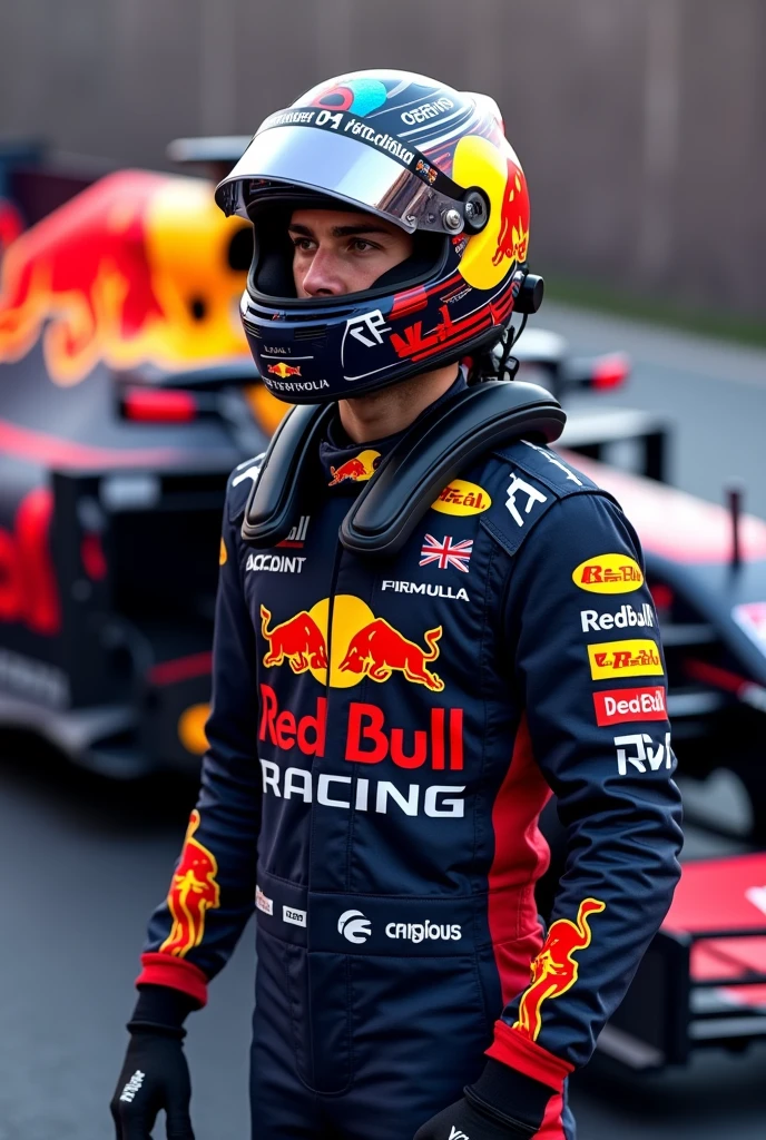 Full body image of F1 driver with open face helmet and Redbull Racing Team uniform, with his RB20 in the background